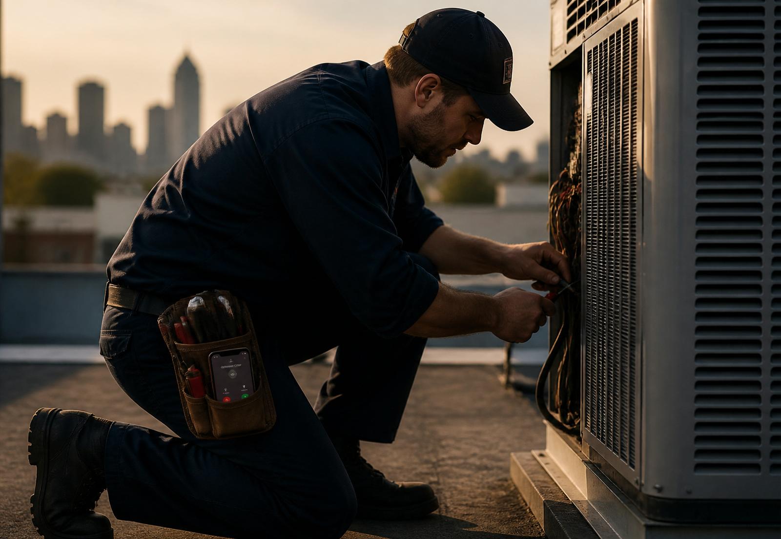 HVAC technician working on a rooftop unit at dusk while his phone rings